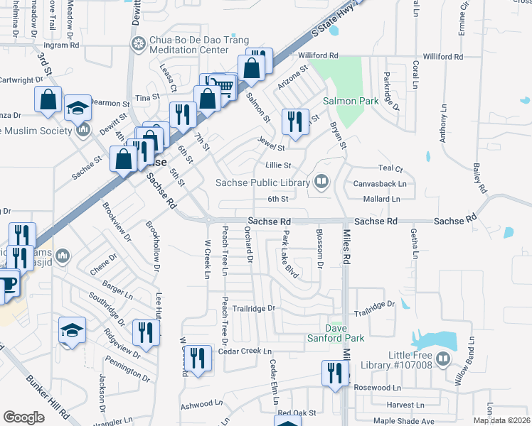 map of restaurants, bars, coffee shops, grocery stores, and more near 3630 Sachse Road in Sachse