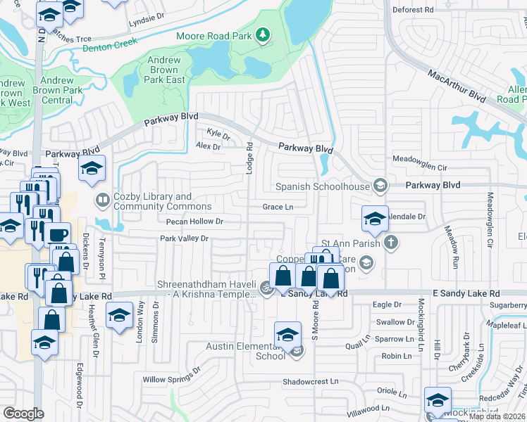 map of restaurants, bars, coffee shops, grocery stores, and more near 421 Pecan Hollow Drive in Coppell