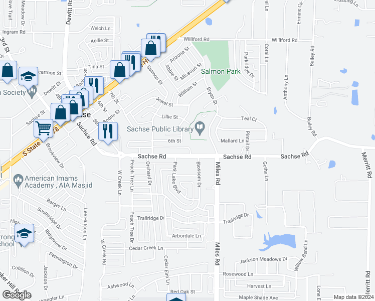 map of restaurants, bars, coffee shops, grocery stores, and more near 3633 Sachse Road in Sachse