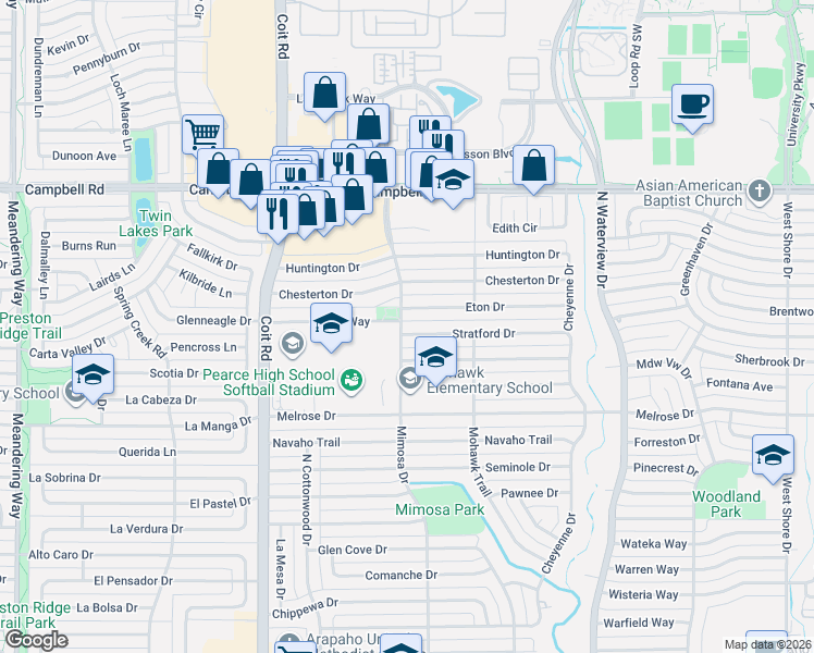 map of restaurants, bars, coffee shops, grocery stores, and more near 1221 Stratford Drive in Richardson