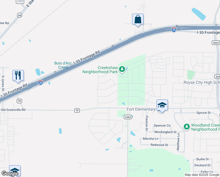 map of restaurants, bars, coffee shops, grocery stores, and more near 1800-2064 Farm to Market 35 in Royse City