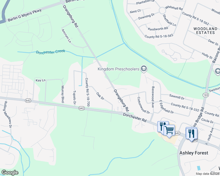 map of restaurants, bars, coffee shops, grocery stores, and more near 115 Oak Drive in Summerville