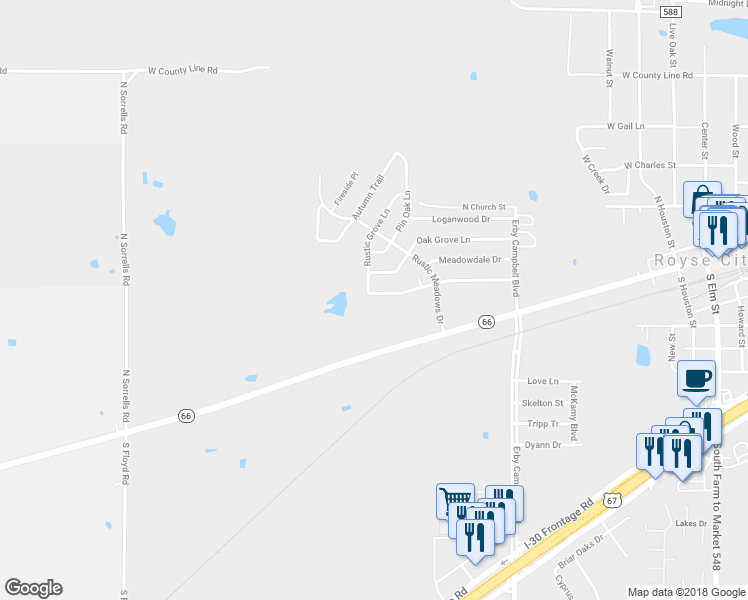 map of restaurants, bars, coffee shops, grocery stores, and more near 1113 Brookhaven Drive in Royse City