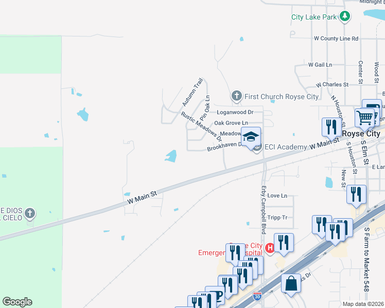 map of restaurants, bars, coffee shops, grocery stores, and more near 1109 Brookhaven Drive in Royse City
