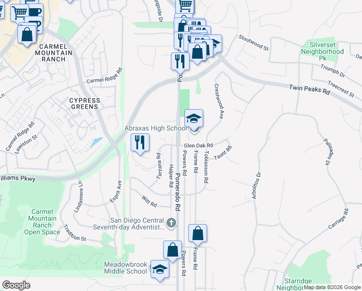 map of restaurants, bars, coffee shops, grocery stores, and more near 12438 Glenoak Road in Poway