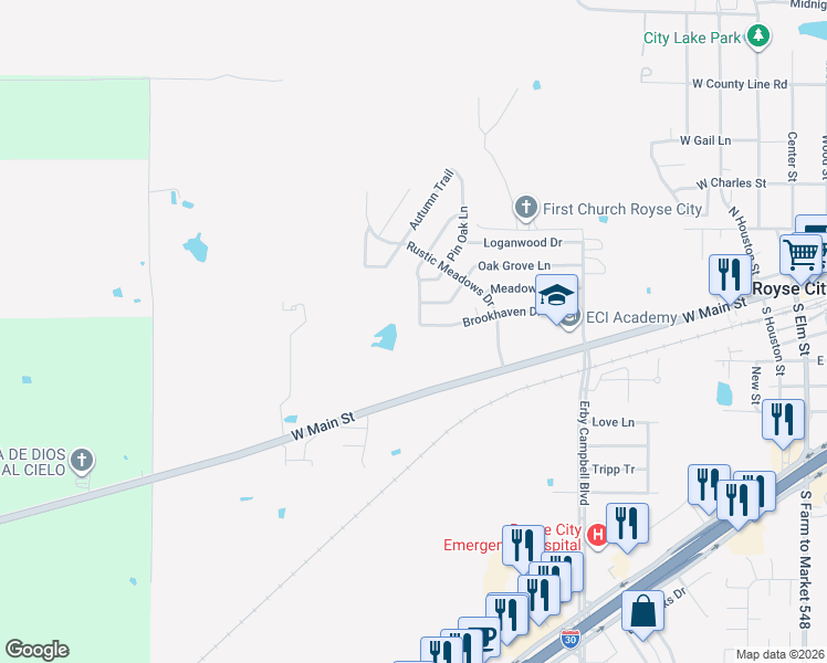 map of restaurants, bars, coffee shops, grocery stores, and more near 1109 Brookhaven Drive in Royse City