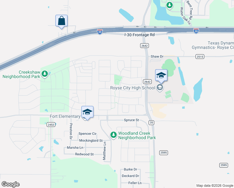 map of restaurants, bars, coffee shops, grocery stores, and more near 305 Stevenson Landing in Royse City