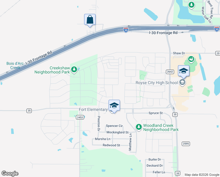 map of restaurants, bars, coffee shops, grocery stores, and more near 2812 Farm to Market 35 in Royse City