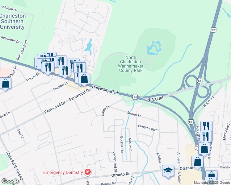 map of restaurants, bars, coffee shops, grocery stores, and more near 8911 University Boulevard in North Charleston