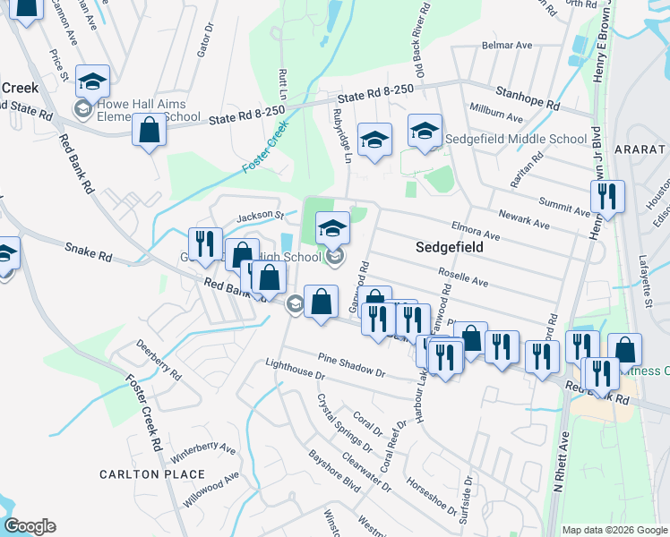 map of restaurants, bars, coffee shops, grocery stores, and more near 1137 Red Bank Road in Goose Creek
