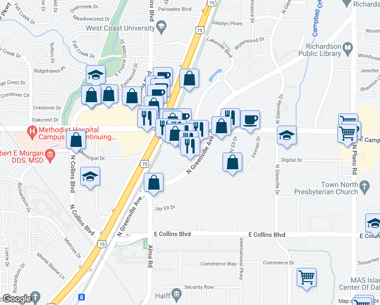 map of restaurants, bars, coffee shops, grocery stores, and more near 1801 North Greenville Avenue in Richardson