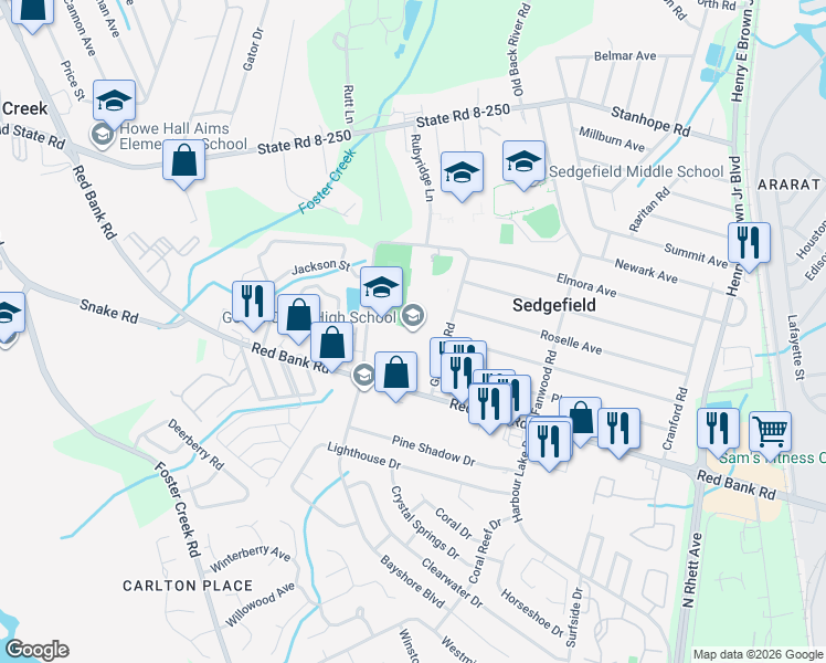 map of restaurants, bars, coffee shops, grocery stores, and more near 1137 Red Bank Road in Goose Creek