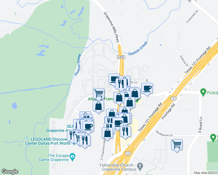 map of restaurants, bars, coffee shops, grocery stores, and more near 3325 Grapevine Mills Boulevard North in Grapevine