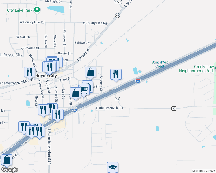 map of restaurants, bars, coffee shops, grocery stores, and more near 202 South Adams Street in Royse City