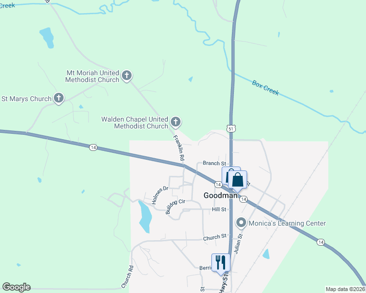 map of restaurants, bars, coffee shops, grocery stores, and more near Georgeville Road in Goodman