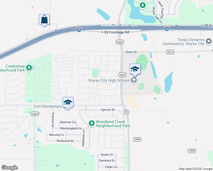 map of restaurants, bars, coffee shops, grocery stores, and more near 3145 Sunny Hill Way in Royse City