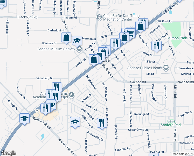 map of restaurants, bars, coffee shops, grocery stores, and more near 5704 Billingsley Street in Sachse
