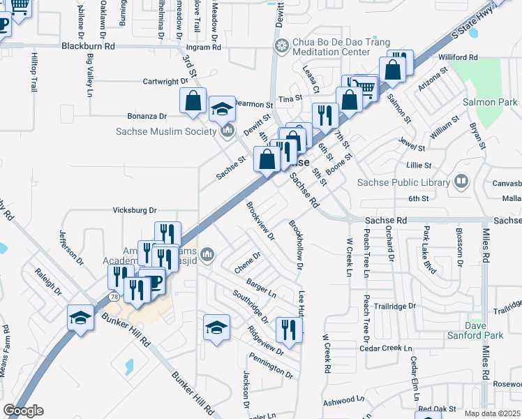 map of restaurants, bars, coffee shops, grocery stores, and more near 5708 Texas 78 in Sachse
