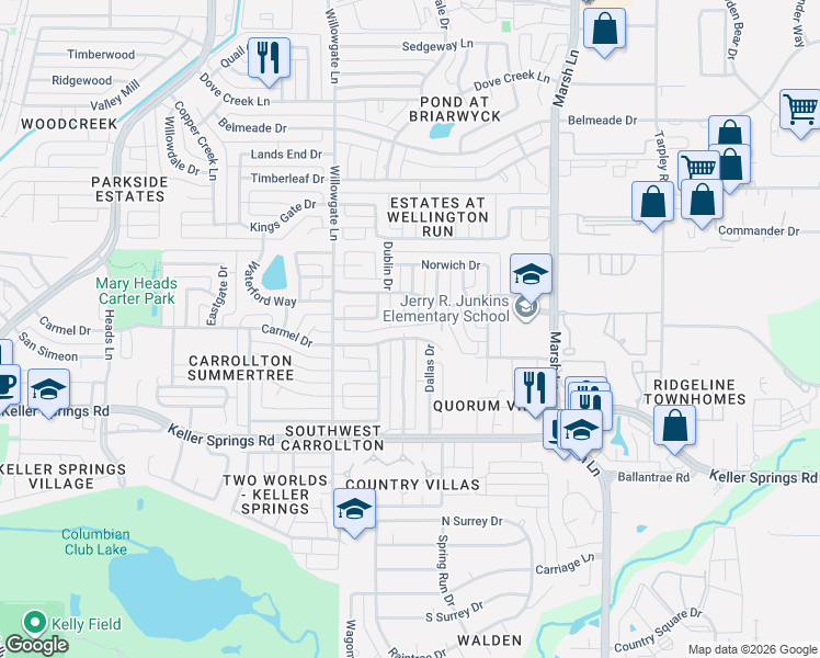 map of restaurants, bars, coffee shops, grocery stores, and more near 2305 Manchester Court in Carrollton