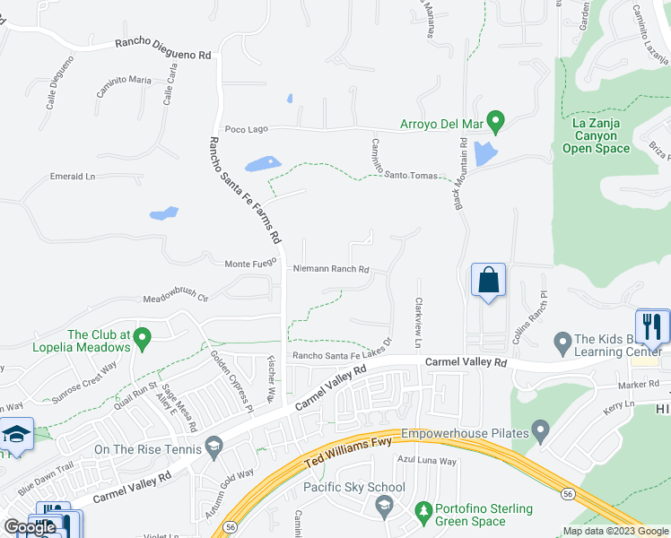 map of restaurants, bars, coffee shops, grocery stores, and more near Niemann Ranch Road in Fairbanks Ranch