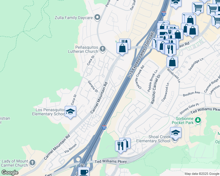 map of restaurants, bars, coffee shops, grocery stores, and more near 11040 Bryce Way in San Diego