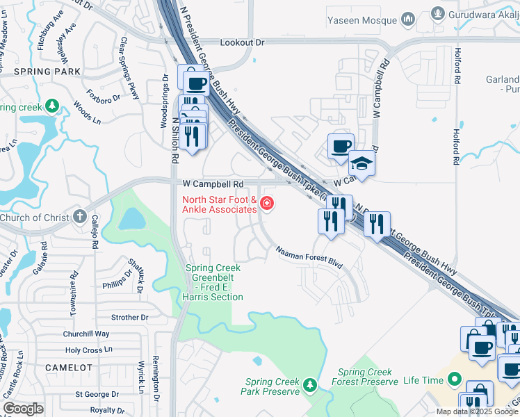 map of restaurants, bars, coffee shops, grocery stores, and more near 6570 Naaman Forest Boulevard in Garland
