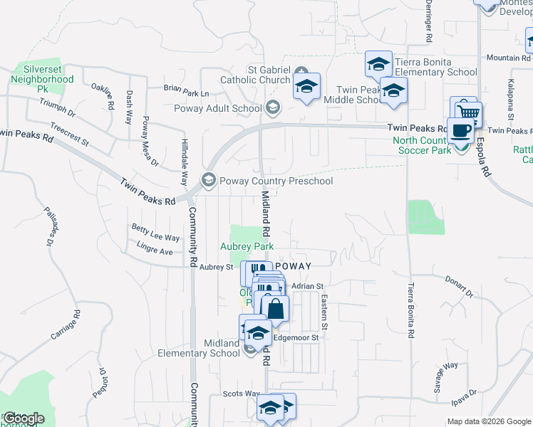 map of restaurants, bars, coffee shops, grocery stores, and more near Midland Road in Poway