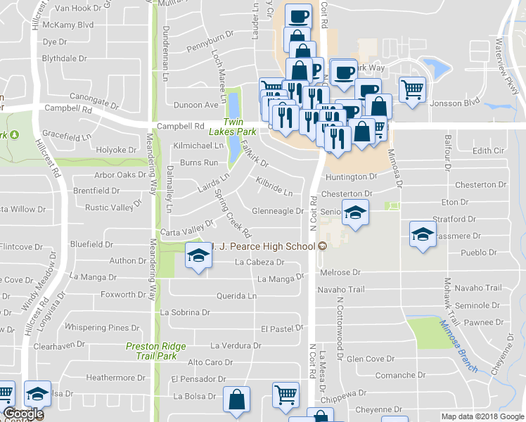 map of restaurants, bars, coffee shops, grocery stores, and more near 7815 Glenneagle Drive in Dallas