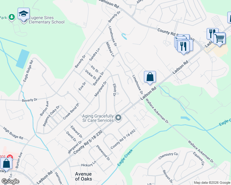 map of restaurants, bars, coffee shops, grocery stores, and more near 106 Mary Court in Ladson