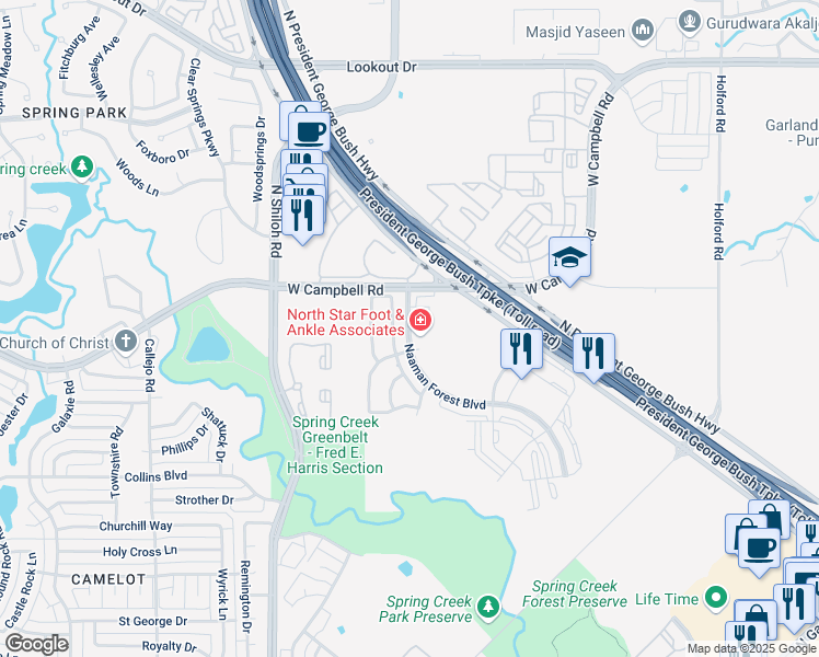 map of restaurants, bars, coffee shops, grocery stores, and more near 6221 Naaman Forest Boulevard in Garland