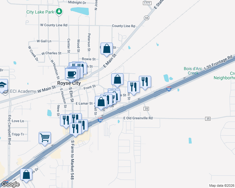 map of restaurants, bars, coffee shops, grocery stores, and more near 202 Lynn Street in Royse City