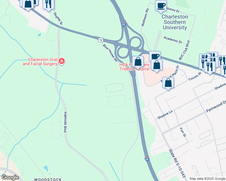 map of restaurants, bars, coffee shops, grocery stores, and more near 9345 Blue House Road in Ladson