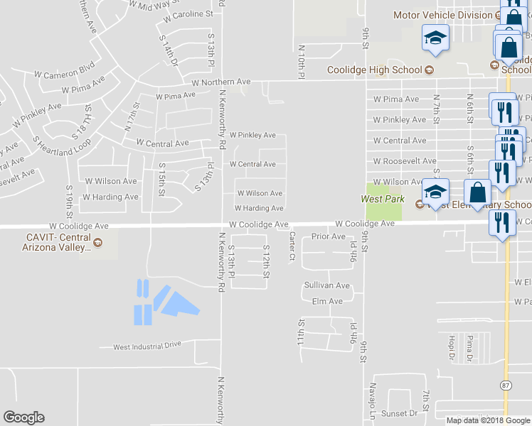 map of restaurants, bars, coffee shops, grocery stores, and more near 1229 West Harding Avenue in Coolidge