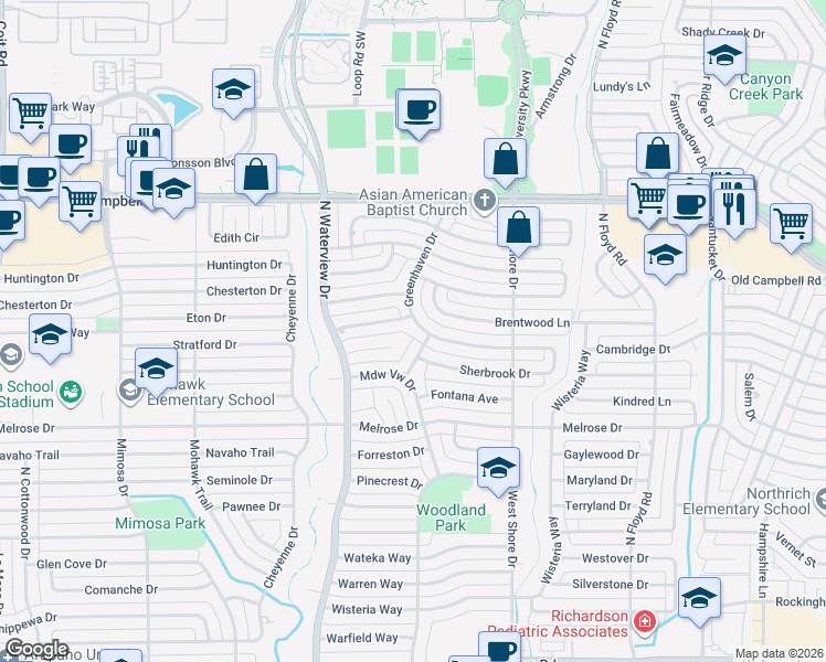map of restaurants, bars, coffee shops, grocery stores, and more near 829 Brentwood Lane in Richardson