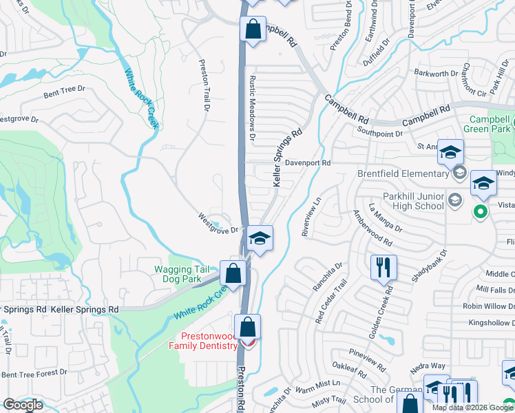 map of restaurants, bars, coffee shops, grocery stores, and more near 6001 Blue Bay Drive in Dallas