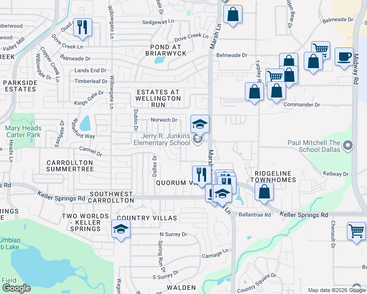 map of restaurants, bars, coffee shops, grocery stores, and more near 2316 Norwich Drive in Carrollton