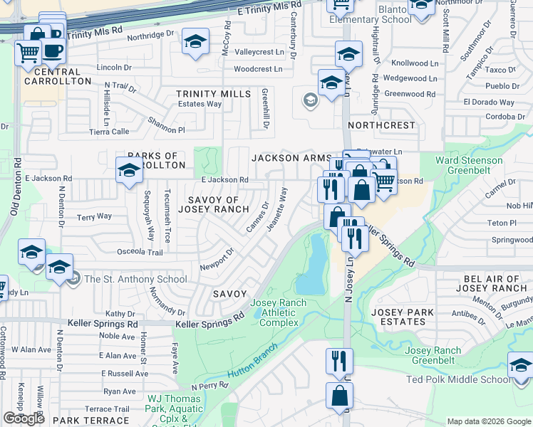 map of restaurants, bars, coffee shops, grocery stores, and more near 2124 Dover Drive in Carrollton