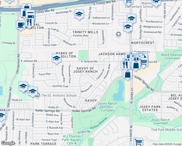 map of restaurants, bars, coffee shops, grocery stores, and more near 2113 Daniel Way in Carrollton