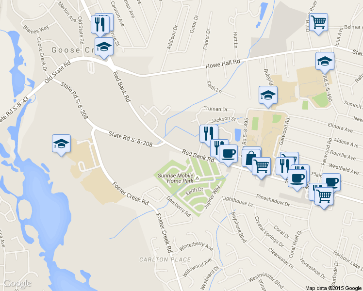 map of restaurants, bars, coffee shops, grocery stores, and more near 907 Red Bank Road in Goose Creek