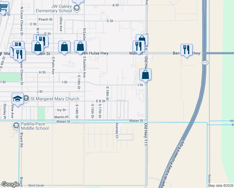 map of restaurants, bars, coffee shops, grocery stores, and more near Citrus Lane in Brawley