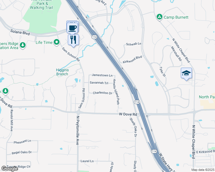 map of restaurants, bars, coffee shops, grocery stores, and more near 817 Savannah Trail in Southlake