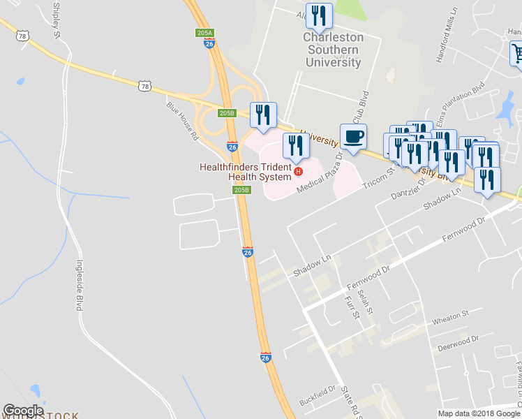 map of restaurants, bars, coffee shops, grocery stores, and more near 9285 Medical Plaza Drive in North Charleston