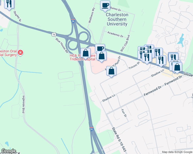 map of restaurants, bars, coffee shops, grocery stores, and more near 9285 Medical Plaza Drive in North Charleston