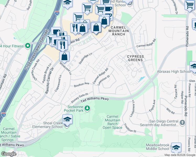 map of restaurants, bars, coffee shops, grocery stores, and more near 13997 Carmel Ridge Road in San Diego