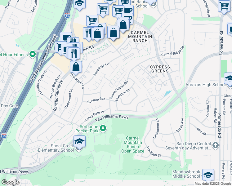 map of restaurants, bars, coffee shops, grocery stores, and more near 13957 Carmel Ridge Road in San Diego