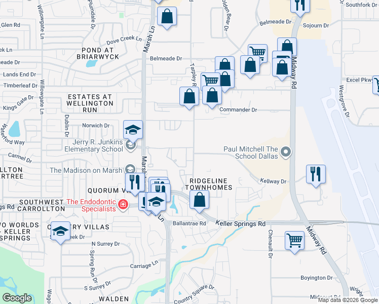 map of restaurants, bars, coffee shops, grocery stores, and more near 2300 Marsh Lane in Carrollton