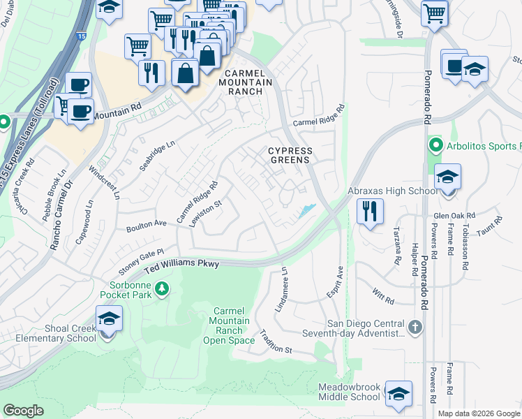 map of restaurants, bars, coffee shops, grocery stores, and more near 11993 Tivoli Park Row in San Diego
