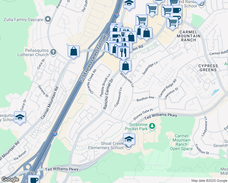 map of restaurants, bars, coffee shops, grocery stores, and more near 11505 Windcrest Lane in San Diego