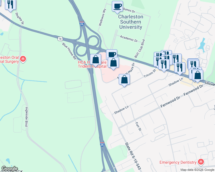 map of restaurants, bars, coffee shops, grocery stores, and more near 9285 Medical Plaza Drive in North Charleston