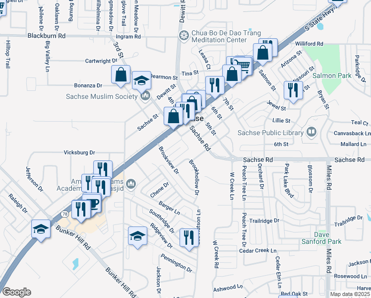map of restaurants, bars, coffee shops, grocery stores, and more near 5704 Billingsley Street in Sachse